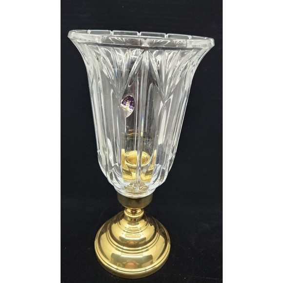 Vtg 24% Lead Crystal Hurricane Candle Holder Lamp Gold Tone Base 12" - Picture 2 of 12